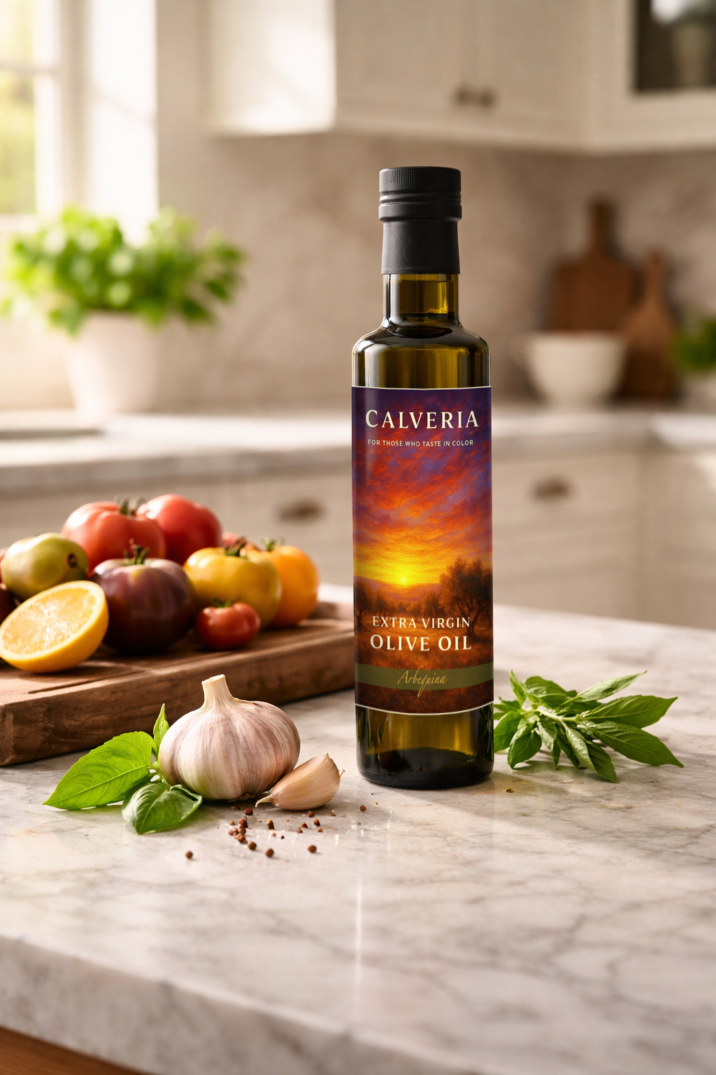 Calveria bottle on a working kitchen counter